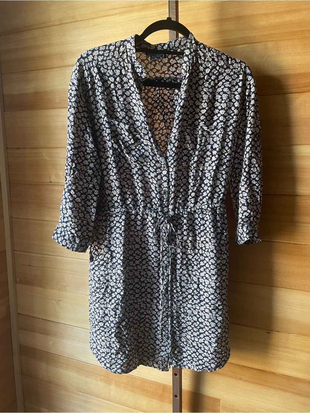 Angie Navy and White Floral Tie-Waist Button Up Mini-Dress